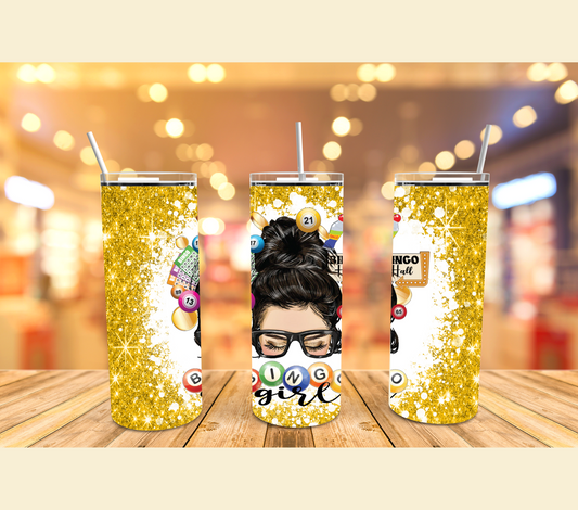 Bingo Messy Mom Bun Yellow Sparkle Stainless Steel Tumbler Cup