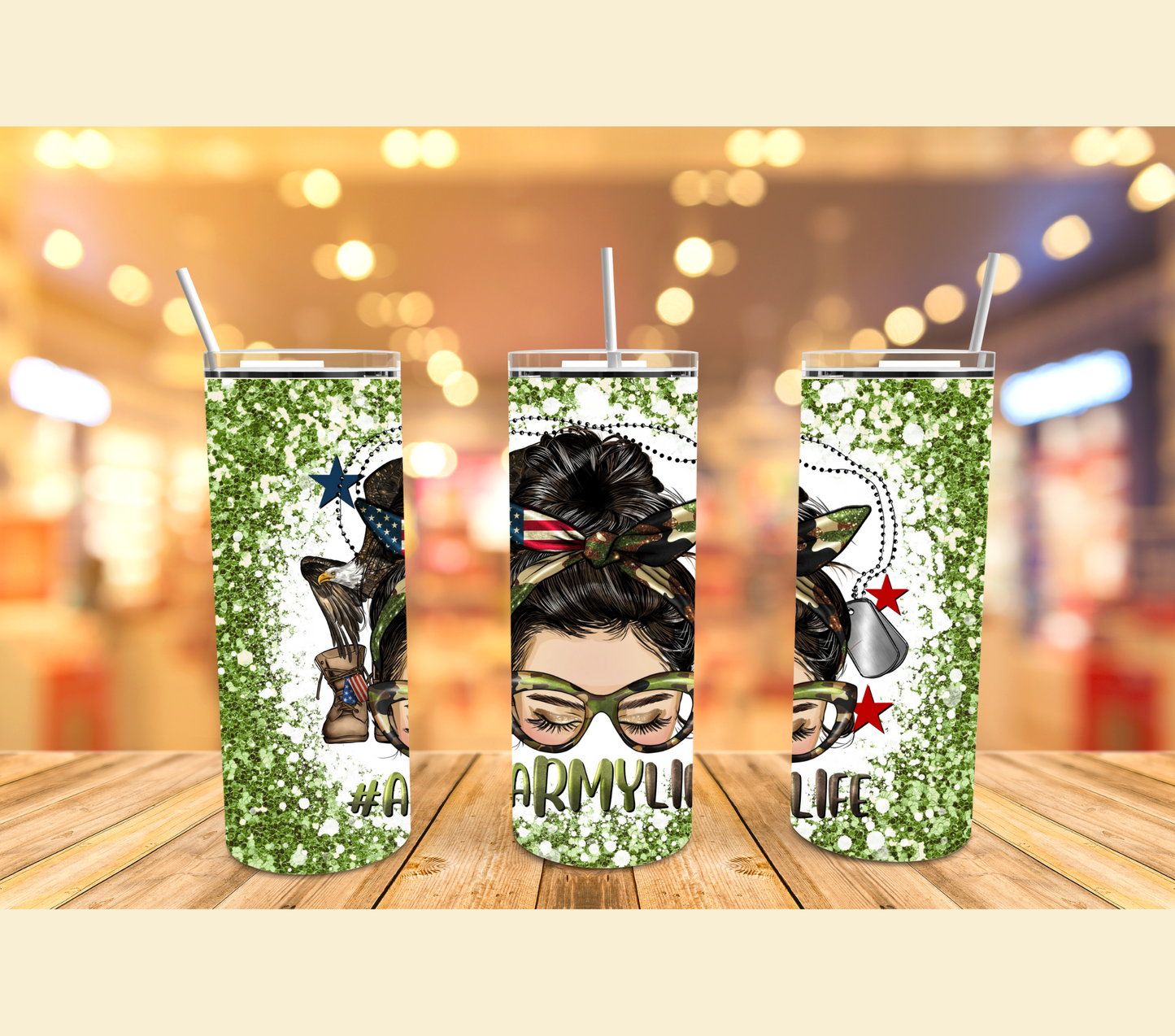 Army Life Messy Mom Bun Sparkle Green Stainless Steel Tumbler Cup