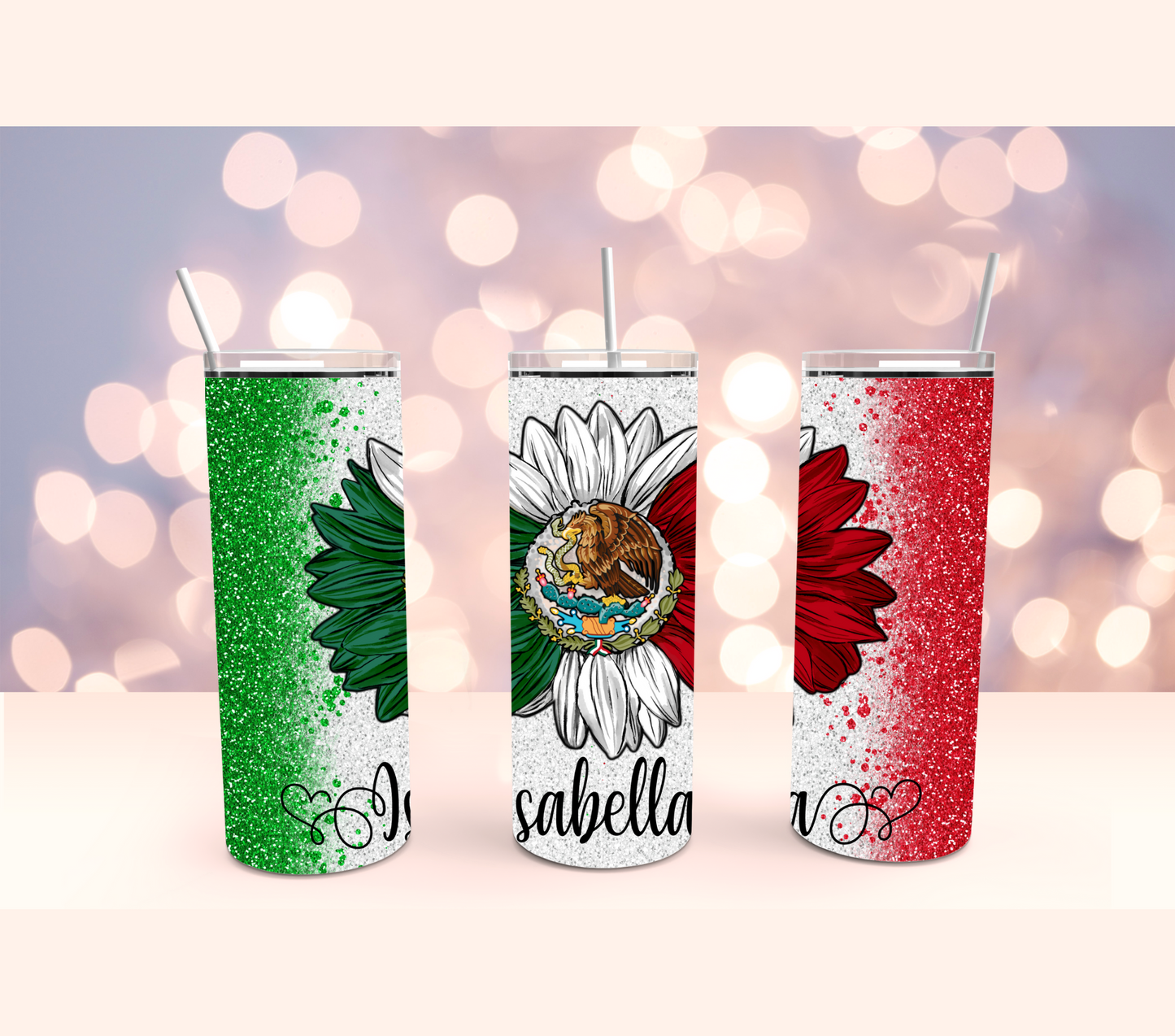 Personalized Sunflower Mexico Flag Sparkle Stainless Steel Tumbler Cup