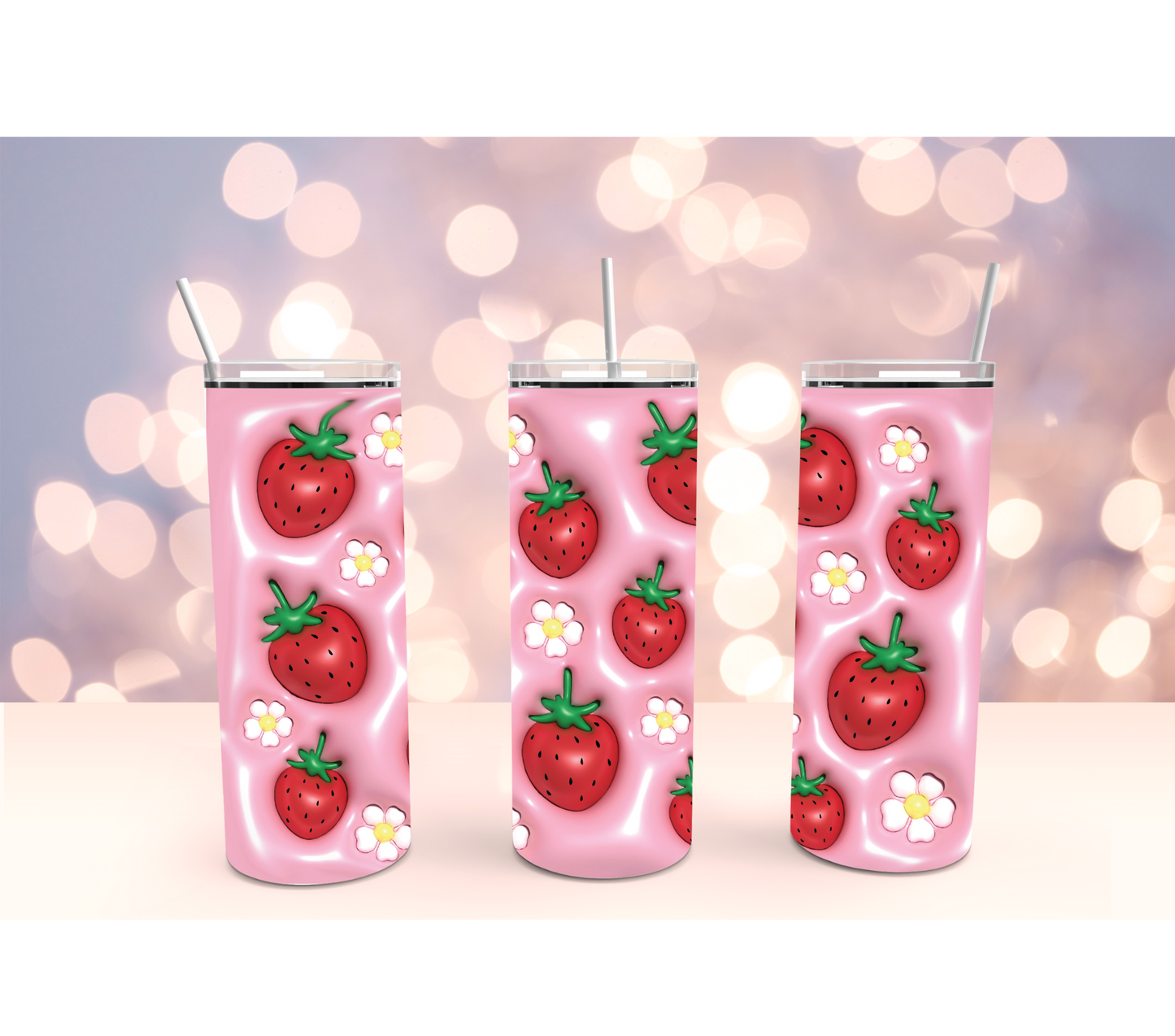 Puffy Inflated Pink Strawberry Stainless Steel Tumbler Cup