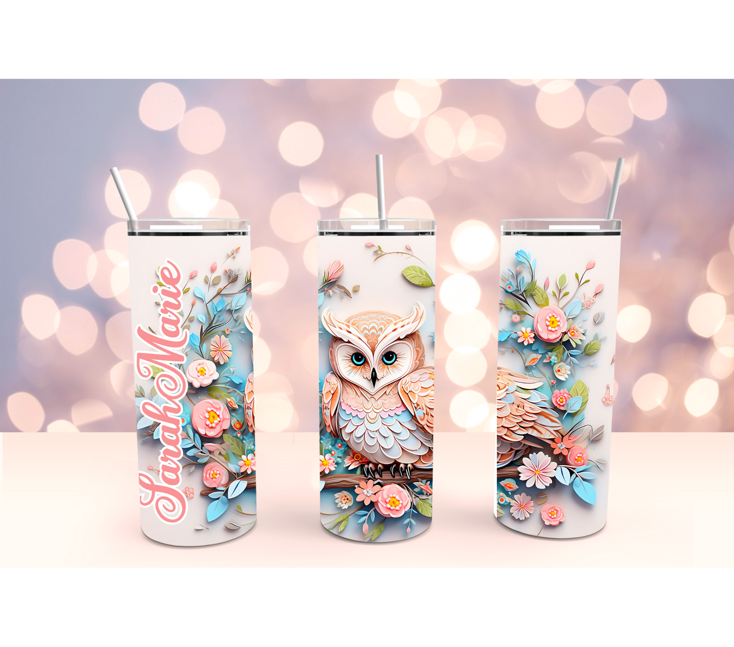 3D Pastel Owl Stainless Steel Tumbler Cup