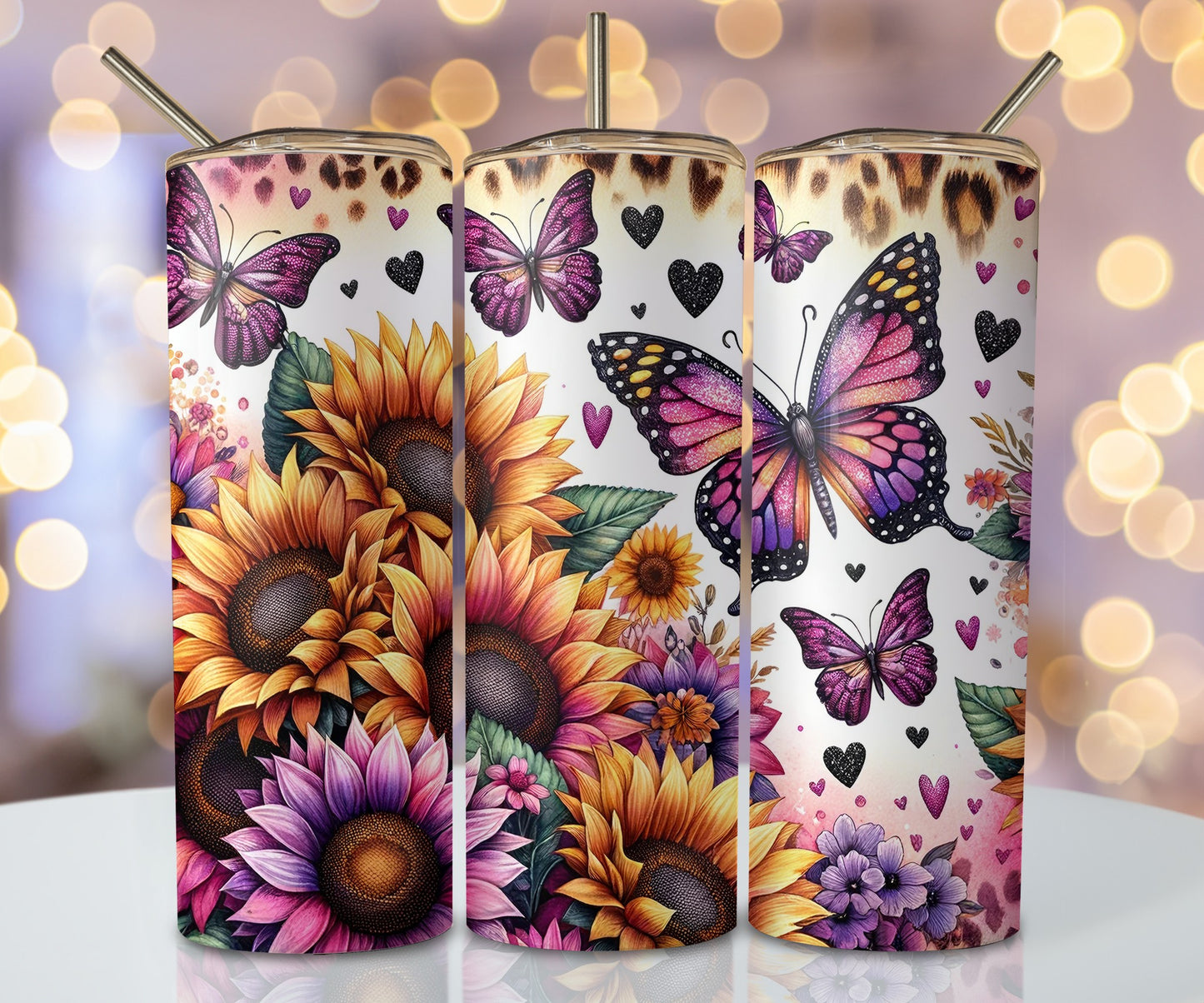 Butterfly Sunflower Floral 20oz Stainless Steel Tumbler Cup