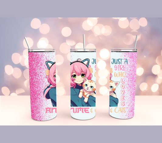 Anime Cat Pink Sparkle Stainless Steel 20oz Tumbler Cup