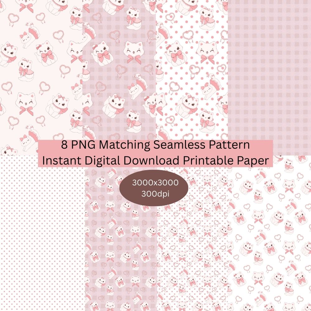 Coquette Preppy Cat Seamless Digital Pattern Paper Set