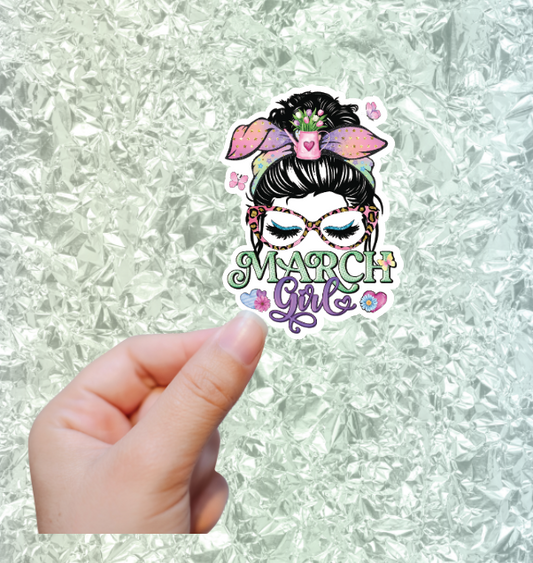 March Girl Messy Bun Vinyl Sticker Decal