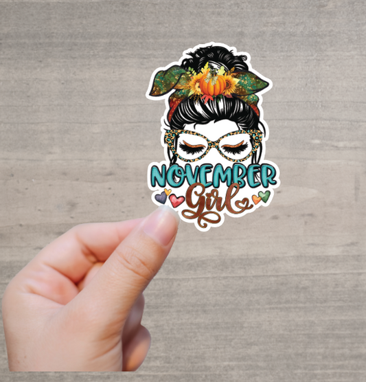 November Girl Messy Bun Vinyl Sticker Decal