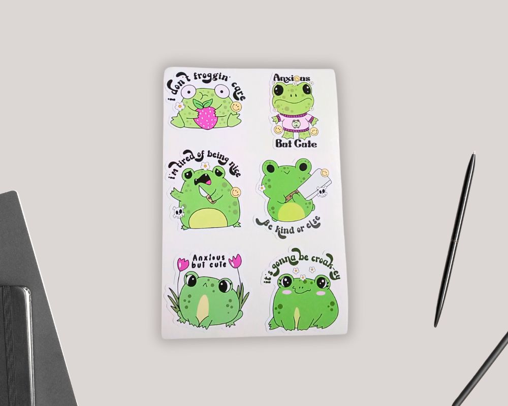 Kawaii Frog Self Care Mental Health Sticker Pack Sheet-Scrapbook Planner Sticker-Novelty Fashion Stickers-Novelty sticker Accessories