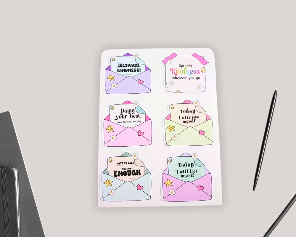 Self Care Kindness Mental Health Envelope Sticker Sheet Pack-Scrapbook Planner Sticker-Waterproof Novelty Stickers Accessories