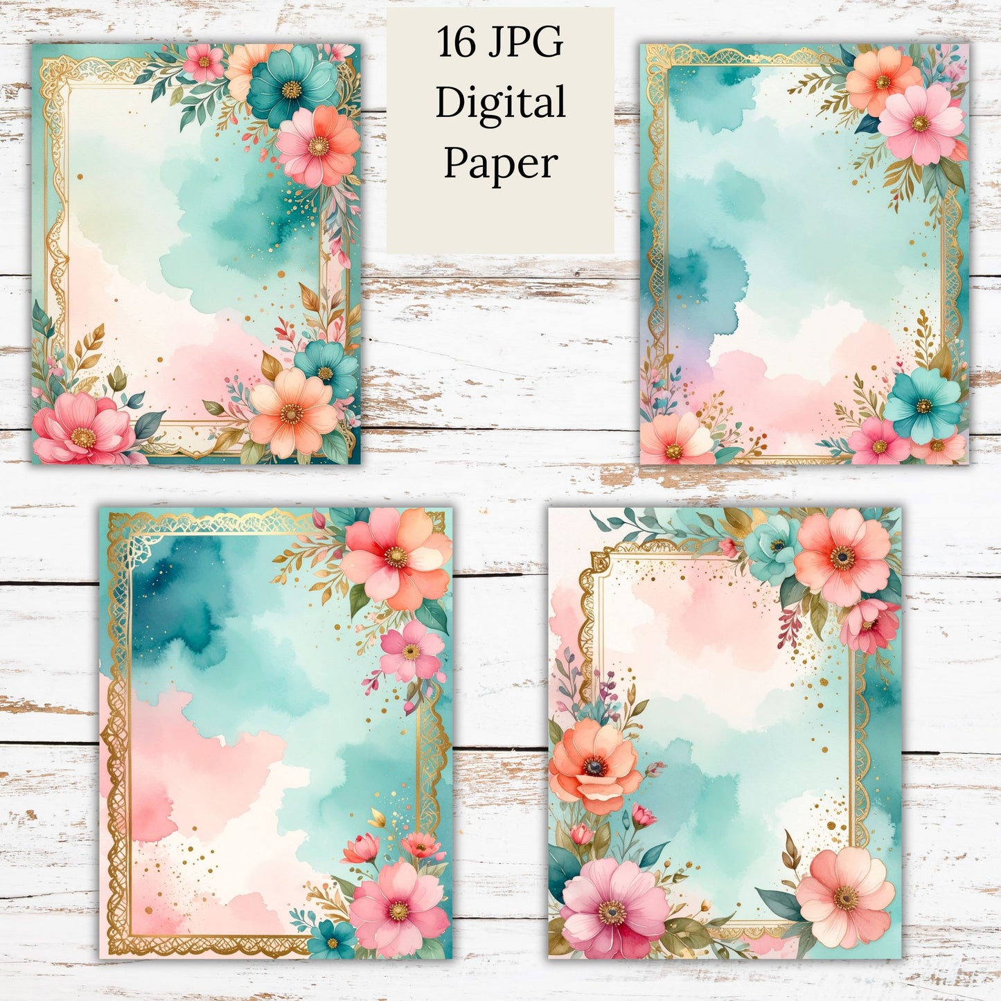 Watercolor Floral Gold Frame Digital Paper Pack Bundle