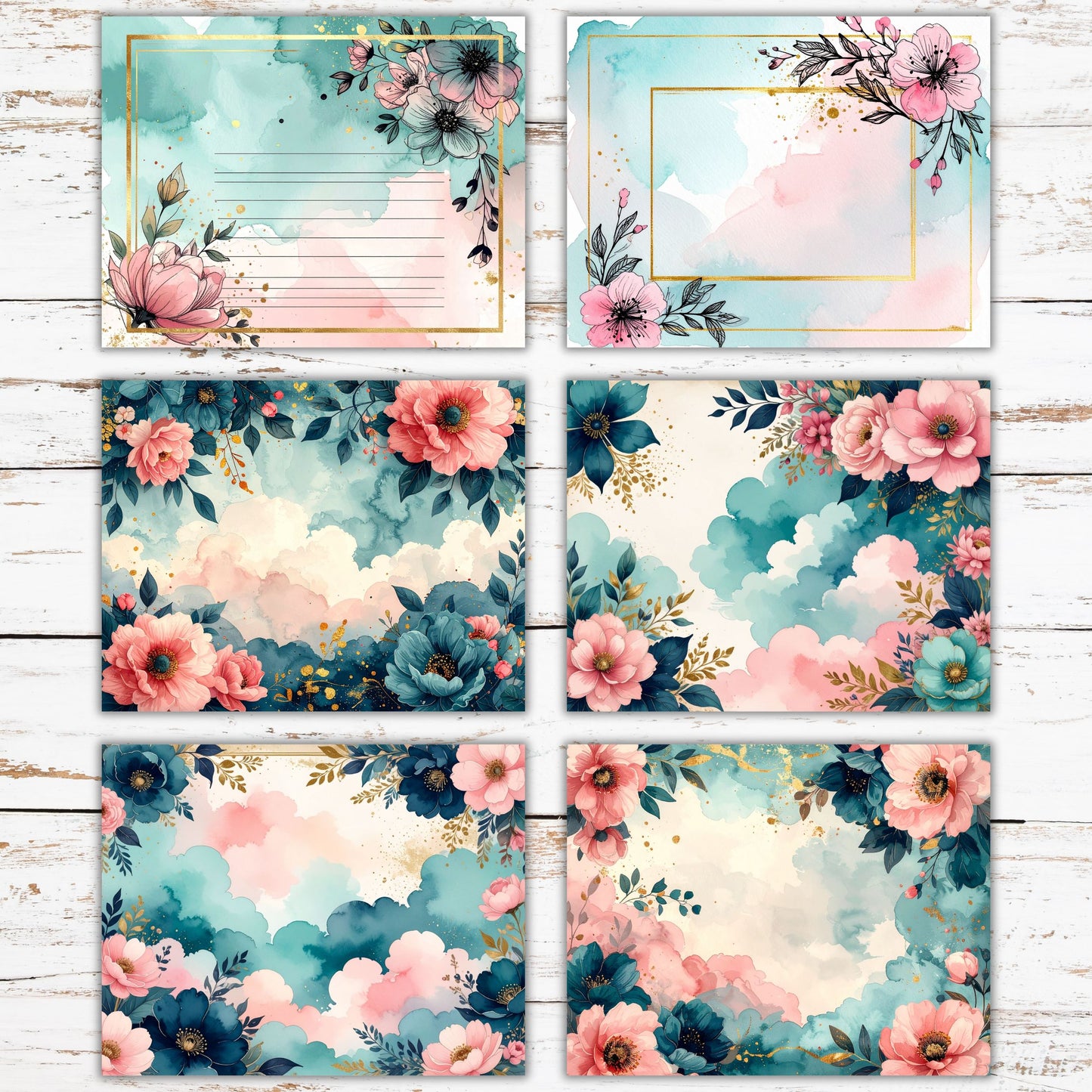 Watercolor Teal Pink Floral Digital Paper Pack Bundle