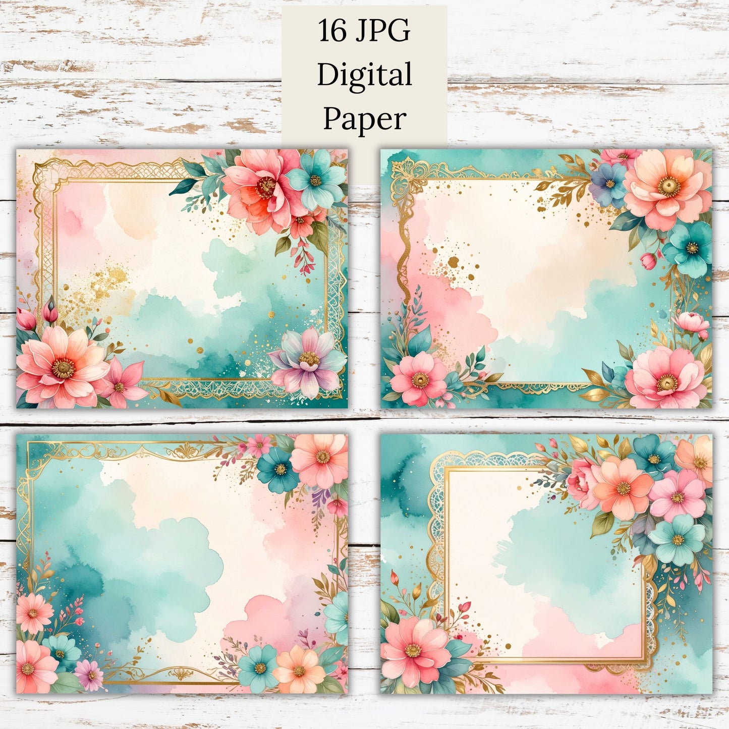 Watercolor Floral Gold Frame Digital Paper Pack Bundle