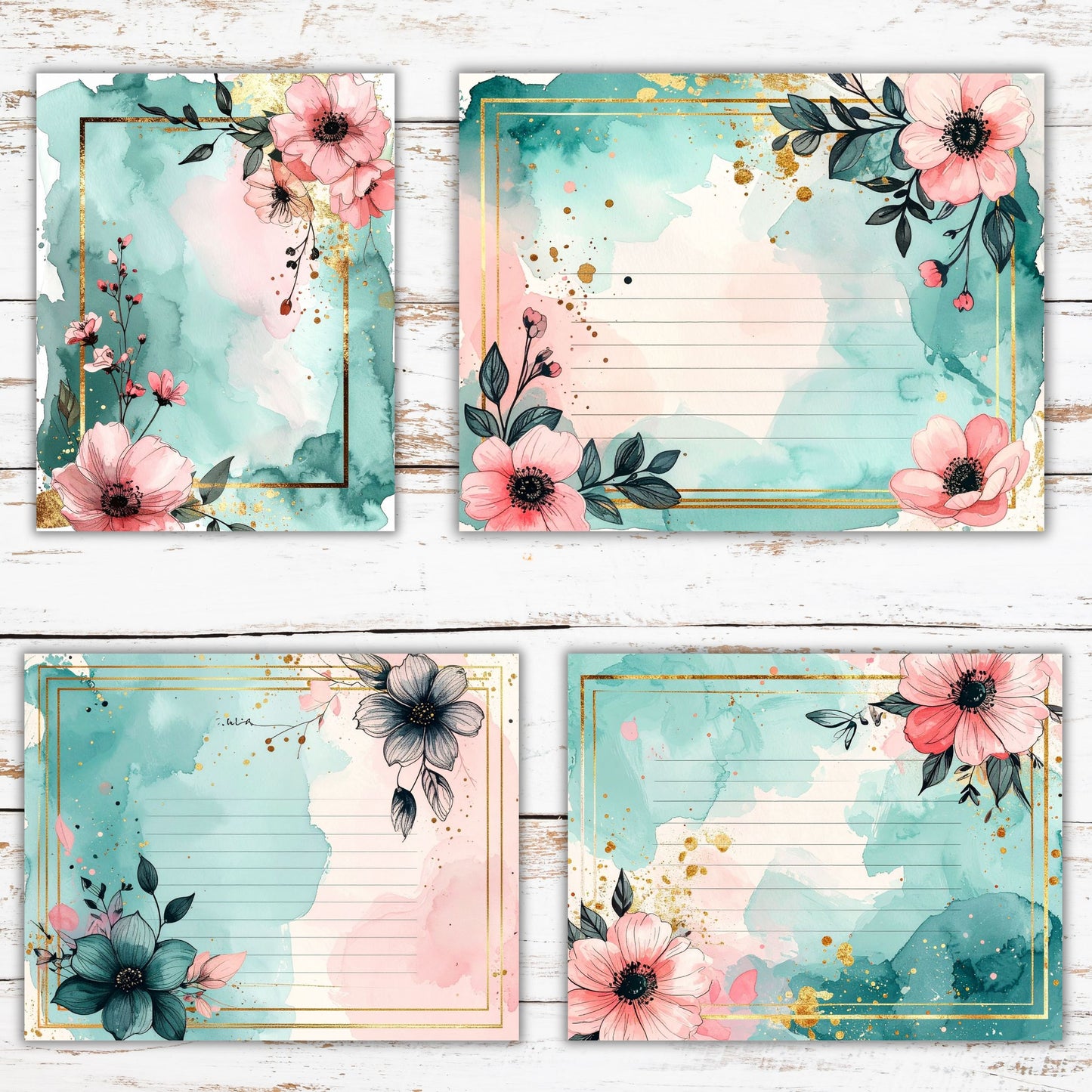 Watercolor Teal Pink Floral Digital Paper Pack Bundle