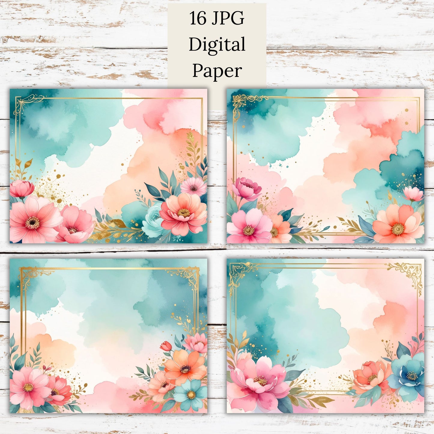Watercolor Floral Gold Frame Digital Paper Pack Bundle