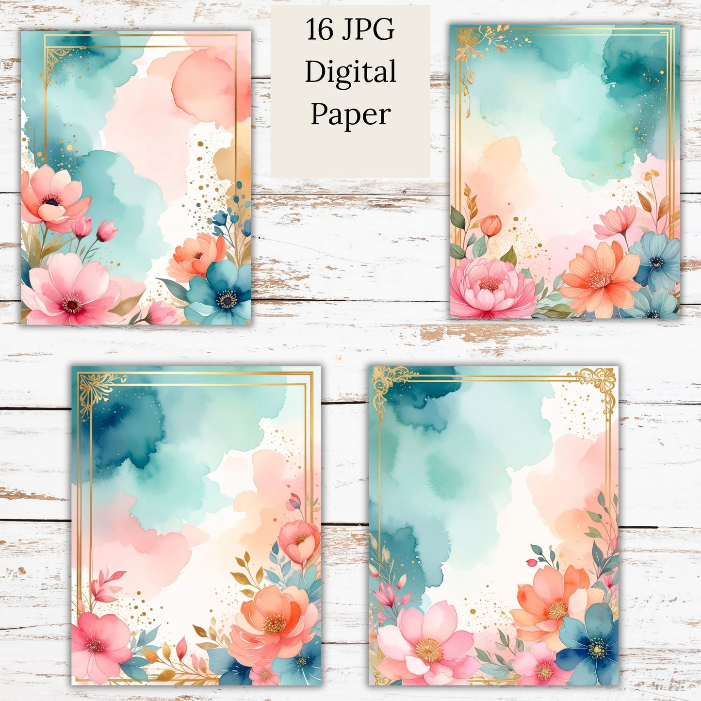 Watercolor Floral Gold Frame Digital Paper Pack Bundle