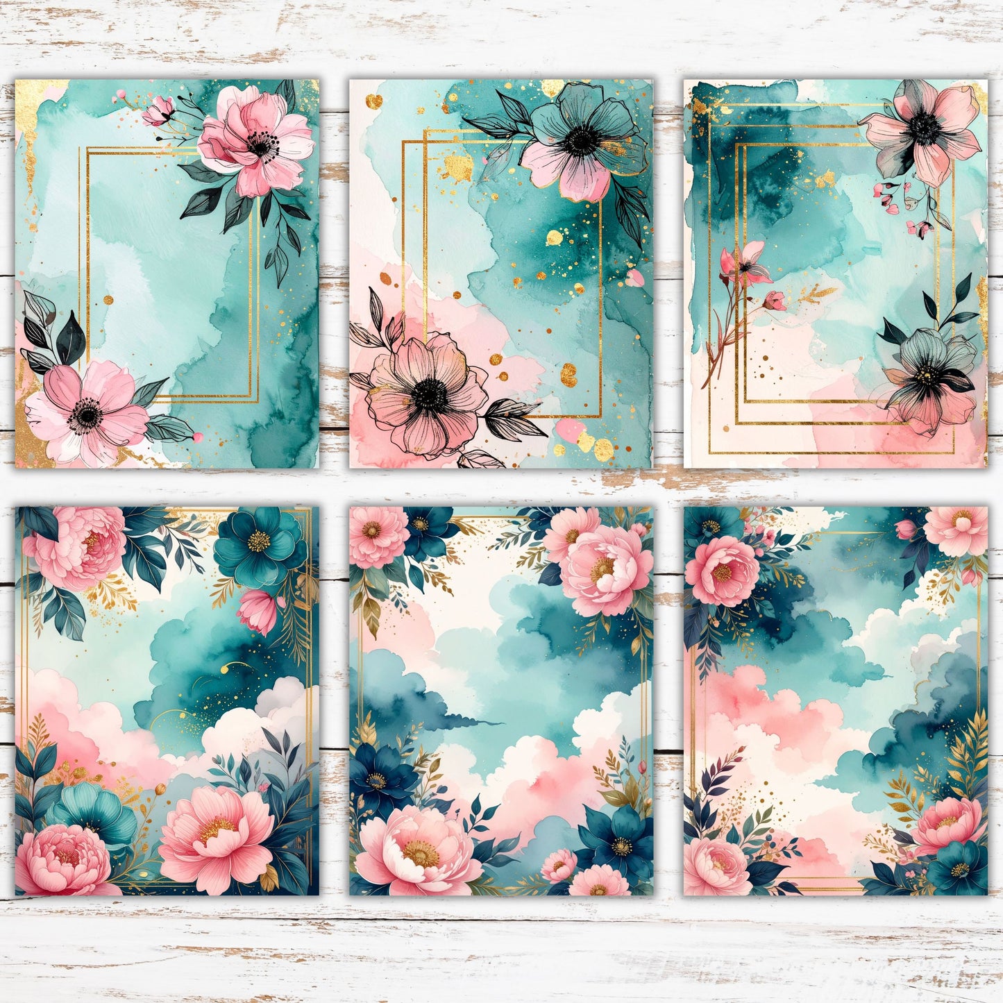 Watercolor Teal Pink Floral Digital Paper Pack Bundle