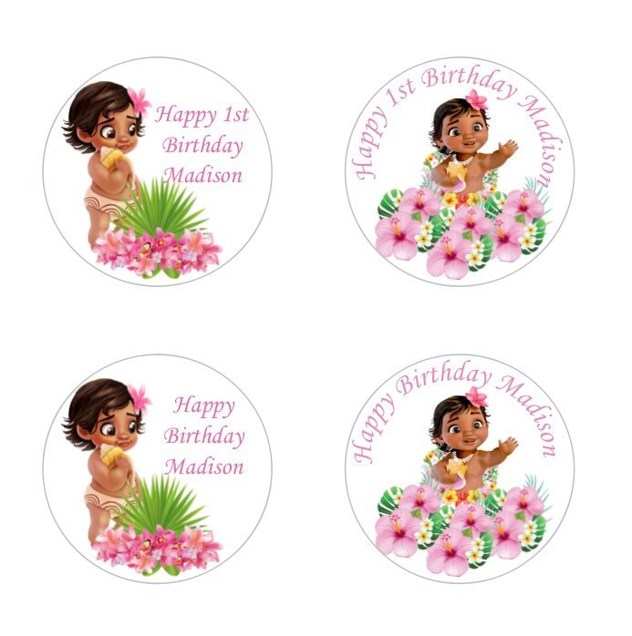 Baby Moana Girls  Personalized Happy Birthday Party Favor Sticker Labels