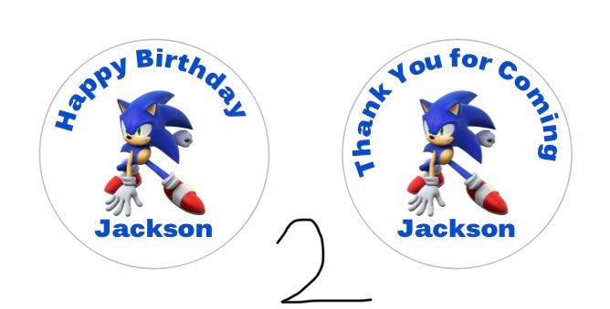 70 x Personalised Sonic stickers rewards party favours cone labels birthday