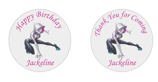 Spider Girl Gwen Custom Personalized Happy Birthday Party Favor Sticker Labels